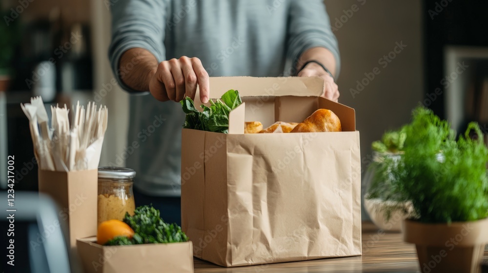 A person unpacking a food delivery order with reusable packaging A person unpacking a food delivery order with reusable packaging