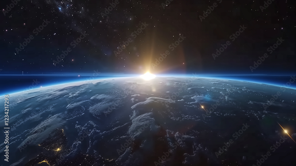 Fototapeta premium A breathtaking view of Earth from space, glowing sunrise on the