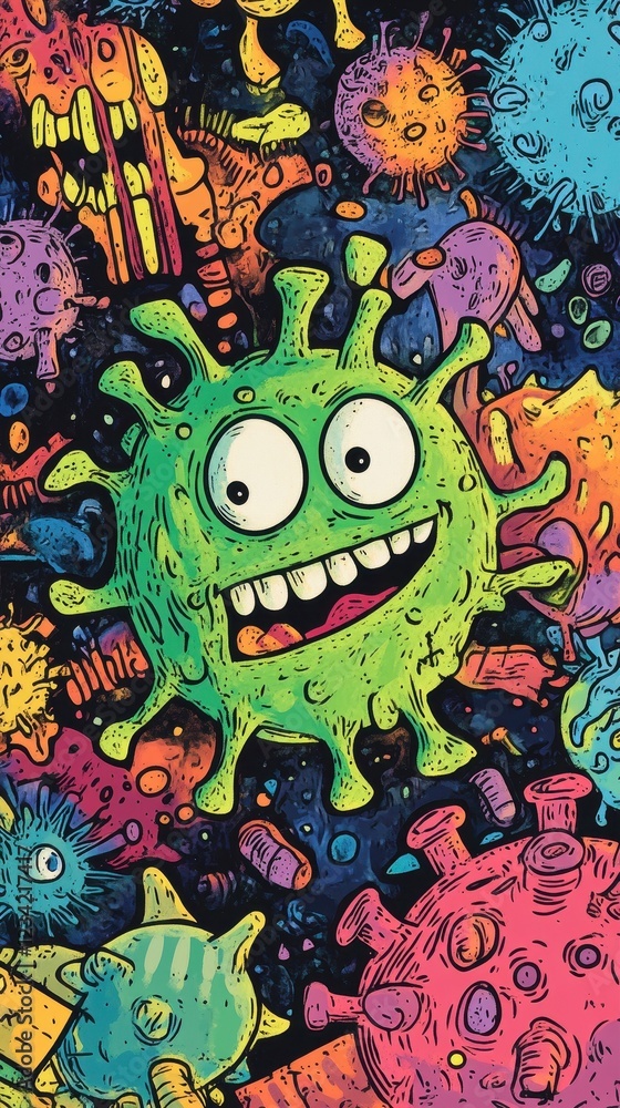 A Colorful Cartoon Depiction Of Various Viruses And Microbes A Colorful Cartoon Depiction Of Various Viruses And Microbes
