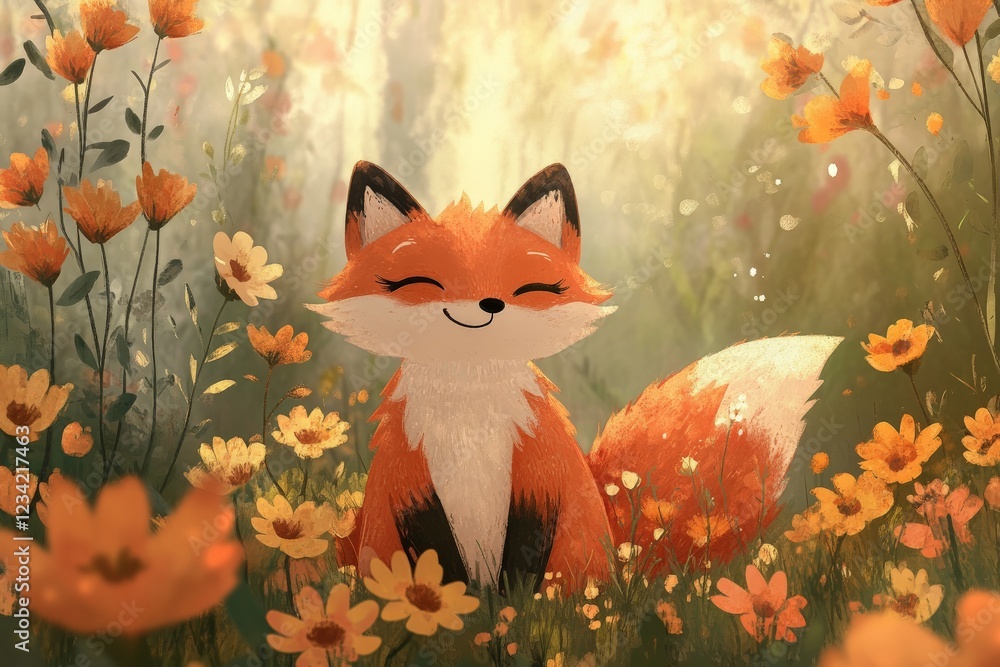 Obraz premium Charming fox enjoys a sunny moment among vibrant wildflowers in a serene forest setting