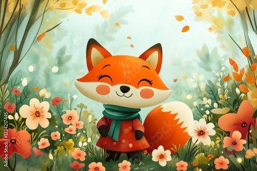 Happy fox character in a colorful floral setting during a sunny day in a serene forest using vibrant hues