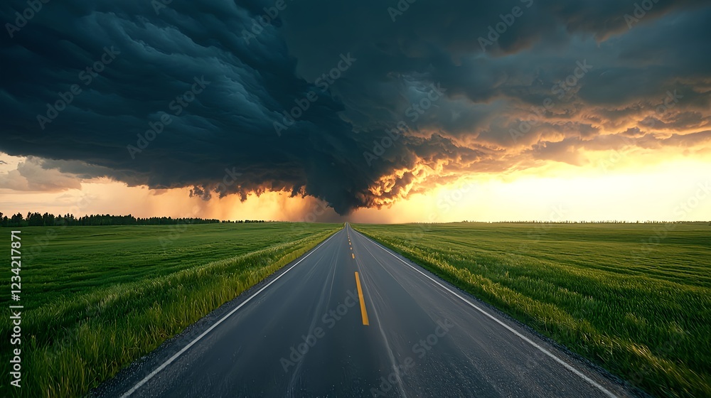 Dark Storm Clouds Over a Country Road at Sunset Dark Storm Clouds Over a Country Road at Sunset
