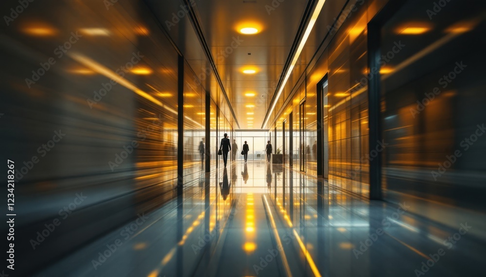 Silhouetted figures in futuristic illuminated corridor with reflective floor Silhouetted figures in futuristic illuminated corridor with reflective floor