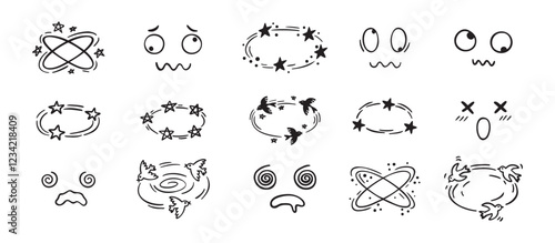 Dizzy effect drawing hand drawn doodle cartoon set. dizzy faces, birds and stars overhead emotions drawing.