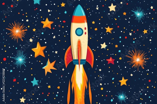 Colorful rocket launch with stars and fireworks in a vibrant night sky scene
