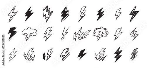 Doodle set lightning line art. Hand drawn lightning icons