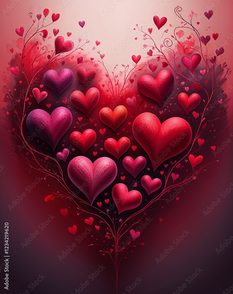 A gradient from crimson to scarlet hearts drawing in gradient background A gradient from crimson to scarlet hearts drawing in gradient background