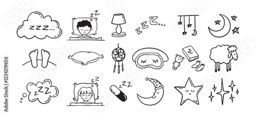 Hand drawn doodle Set of Sleep Related. Sleeping drawing icons