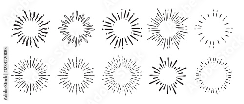 Vintage doodle Fireworks Sunburst Explosion set. Hand drawn Design Elements Black Rays