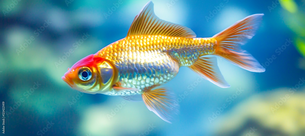 Golden fish swimming in the water with a blue background, Golden fish swimming in the water with a blue background,