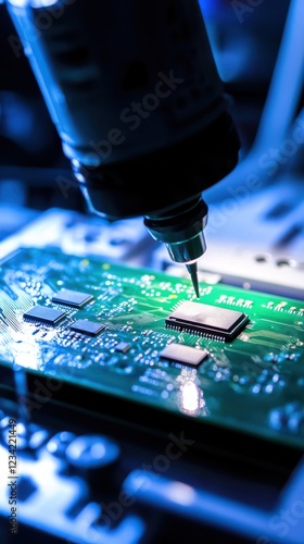 Precision robotic arm placing microchip onto circuit board under lab lighting photo