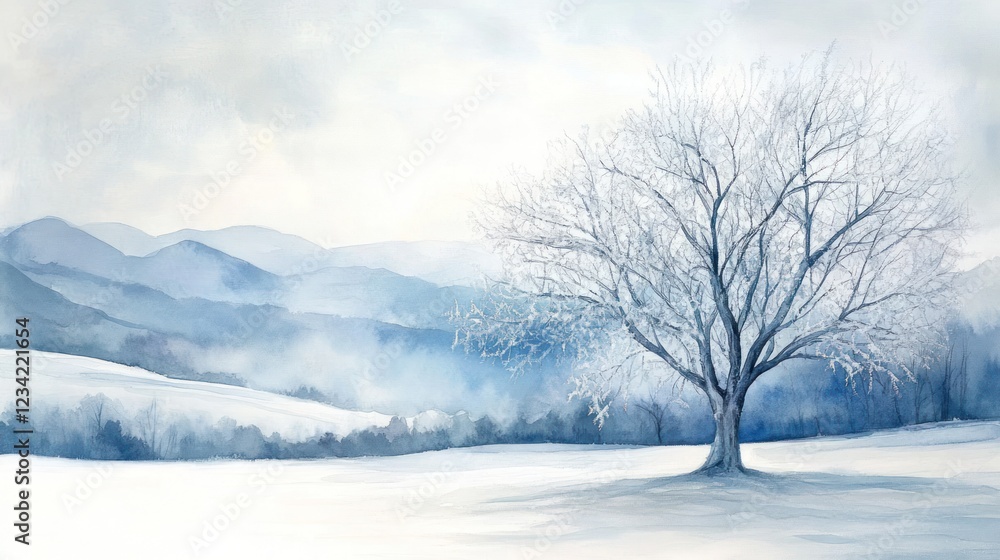 Snowy winter landscape, lone tree, mountains, peaceful scene; nature calendar Snowy winter landscape, lone tree, mountains, peaceful scene; nature calendar