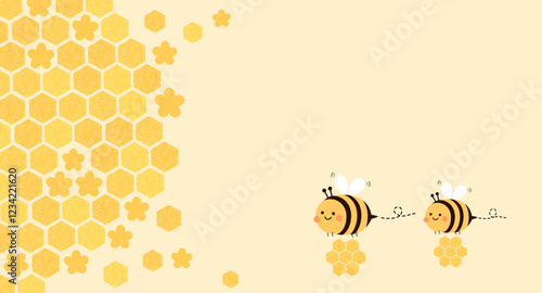 Beehive honey sign with hexagon grid cell, cute bee cartoons and flower on yellow background vector.