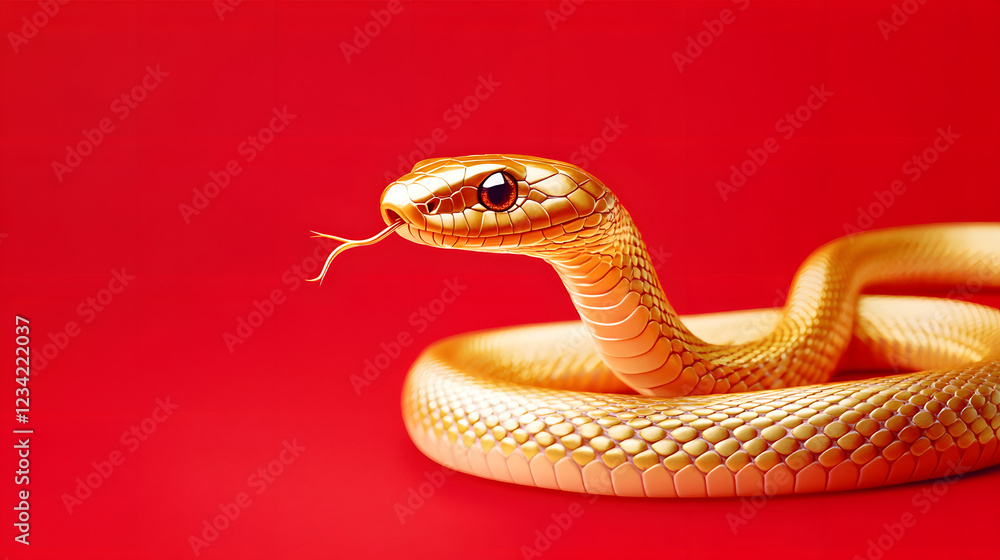 Fototapeta premium Long delicate golden snake on a red simple background, Generative AI