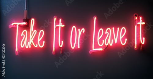 Neon sign take it or leave it glows in red against a dark background. The bold lettering conveys a decisive ultimatum, creating a striking, high-contrast illuminated statement