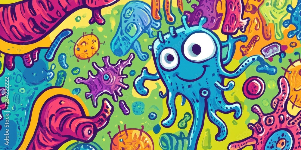 Colorful Microbe Illustration Featuring Various Bacteria And Cells Colorful Microbe Illustration Featuring Various Bacteria And Cells