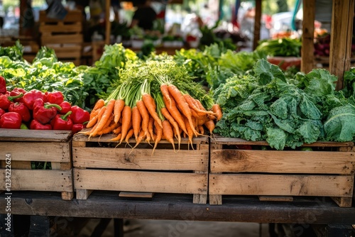 Rustic wooden market stand with fresh vegetables, enhanced by natural light photo