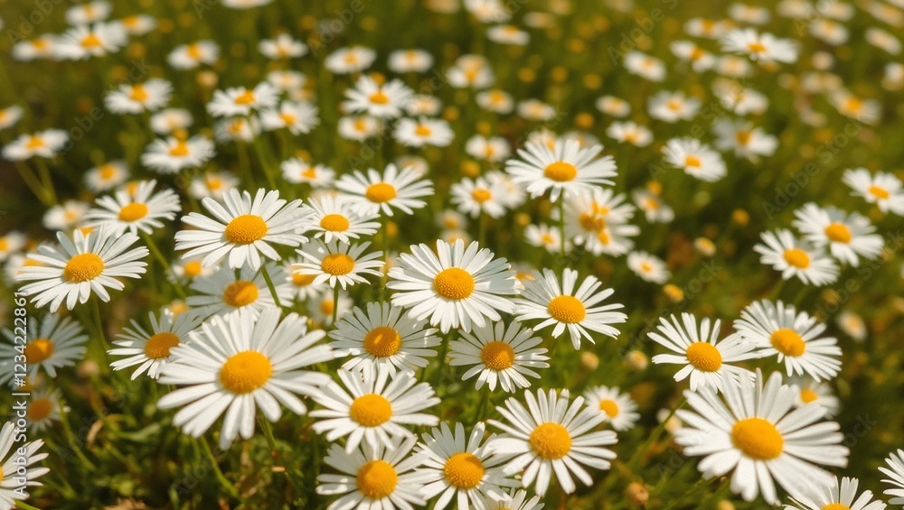 Fototapeta premium A cheerful field of white daisies with yellow centers, bathed in warm sunlight, gently swaying in the breeze