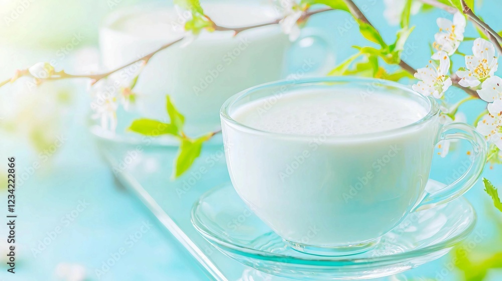 Delicate Blossom and Milk in Elegant Cup on Light Blue Background Delicate Blossom and Milk in Elegant Cup on Light Blue Background