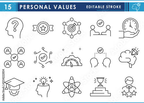 A set of line icons related to Personal Values. Value, moral, person, innovation, mindful, efficient, problem sharing, punctual, and so on. Vector editable stroke.