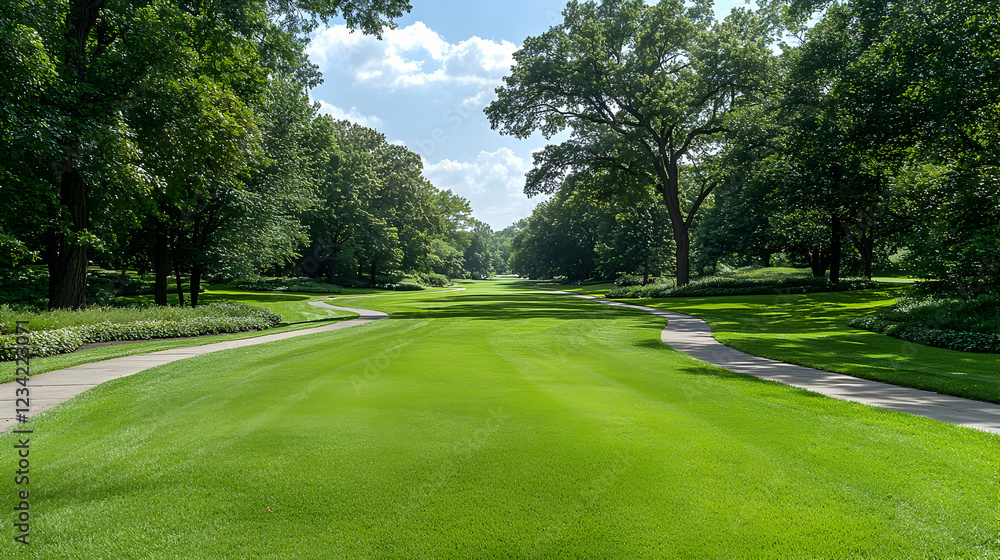 Golf course fairway, tree-lined path, sunny day, landscape (1) Golf course fairway, tree-lined path, sunny day, landscape (1)