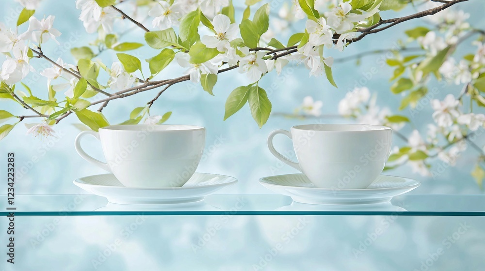 Two Elegant White Cups Surrounded by Blossoming Flower Branches Two Elegant White Cups Surrounded by Blossoming Flower Branches
