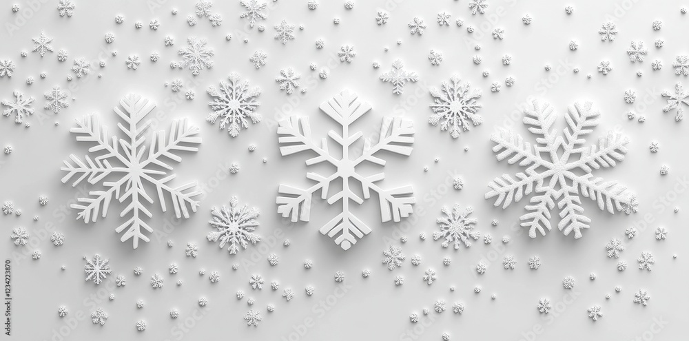 Fototapeta premium Three large snowflakes surrounded by smaller snowflakes