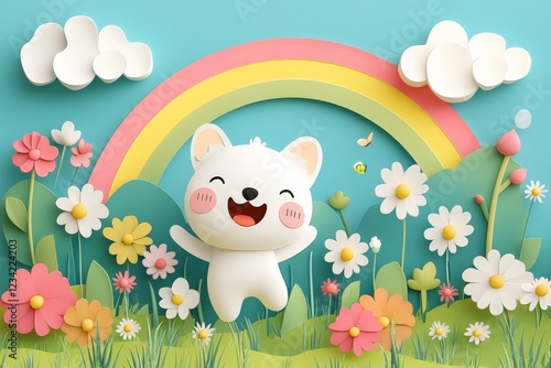 Cheerful cartoon animal celebrating in a colorful paper craft landscape with flowers and a rainbow