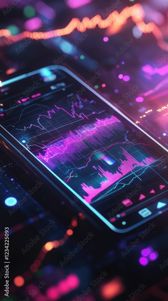 Vibrant graphs displayed on phone screen, glowing dark background. Vibrant graphs displayed on phone screen, glowing dark background.