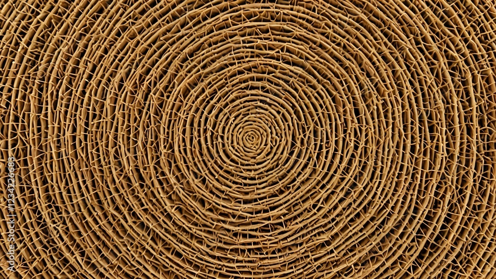 Naklejka premium Intricate woven texture, concentric circles of natural fibers, spiral pattern, earthy tones, detailed macro shot of handcrafted material.