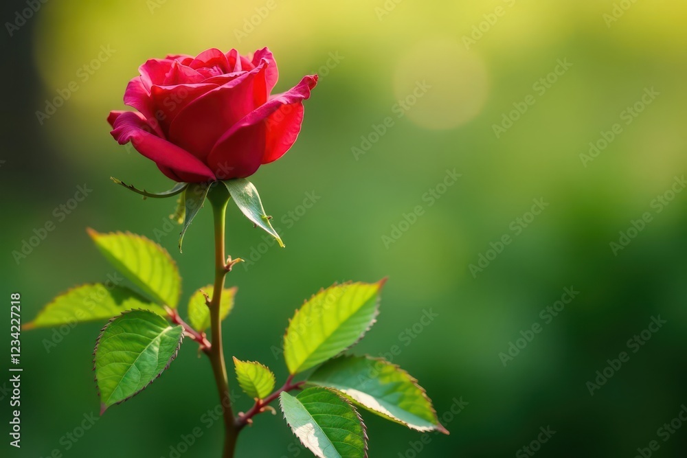 Rose stem with thorns and leaves in soft morning light, morninglight, greenery Rose stem with thorns and leaves in soft morning light, morninglight, greenery
