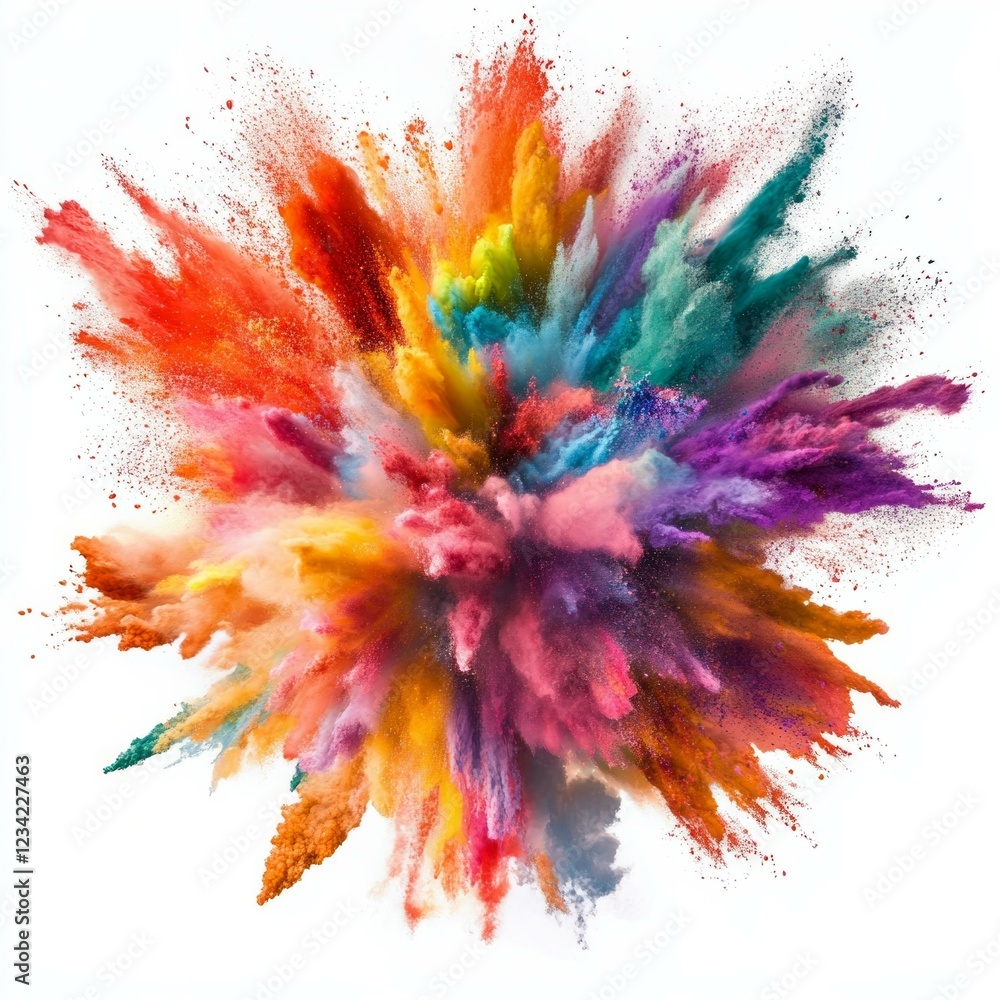Explosive burst of vibrant multicolored powder on white background Explosive burst of vibrant multicolored powder on white background