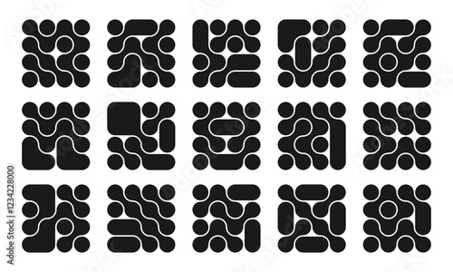 background with black liquid connected circle dots.metaballs pattern on white. abstract geometric shapes collection Point movement flat icon	