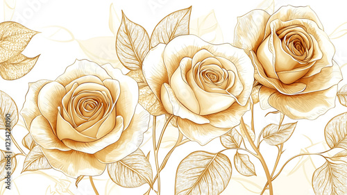 Elegant Golden Roses Floral Design Botanical Illustration Romantic Flower Background
