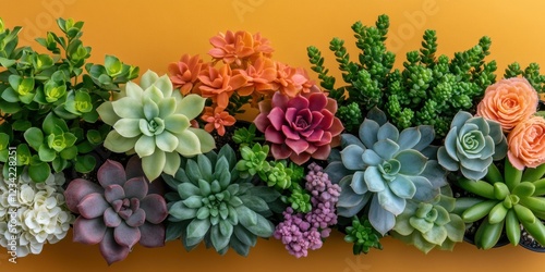 Succulent plants arrangement on pastel colored background. Potted succulent house plants. Flat lay, top view, copy space
