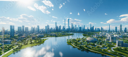 Fototapeta Naklejka Na Ścianę i Meble -  Modern sustainable city skyline with river and green parks on a sunny day