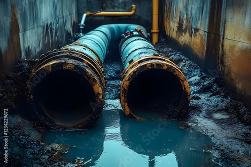 Pipe in the drainage pit. Pumping out sewage from a septic tank. Septic tank