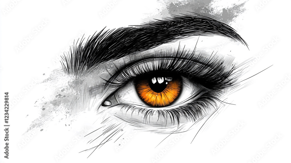 Obraz premium Dramatic Eye Sketch Amber Iris Long Lashes Black White Eyebrow Close up Abstract Art