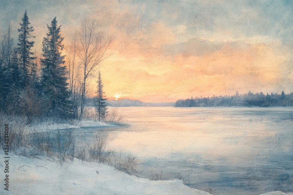 Fototapeta premium Sunrise over a serene winter lake surrounded by evergreen trees and soft snow