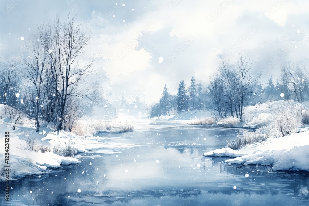 Snowfall gently covers a tranquil river surrounded by trees and mountains in a winter landscape Snowfall gently covers a tranquil river surrounded by trees and mountains in a winter landscape