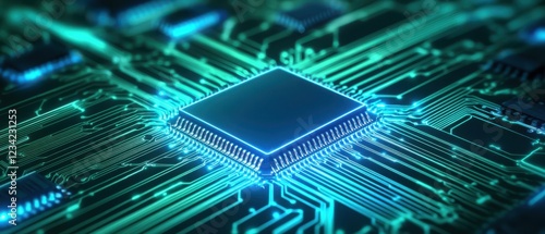 Microchip at center of green circuit board with radiating energy lines photo