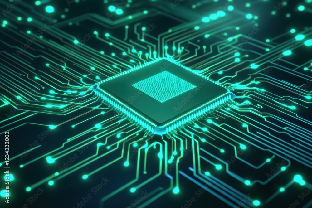 Microchip at center of green circuit board with radiating energy lines Microchip at center of green circuit board with radiating energy lines