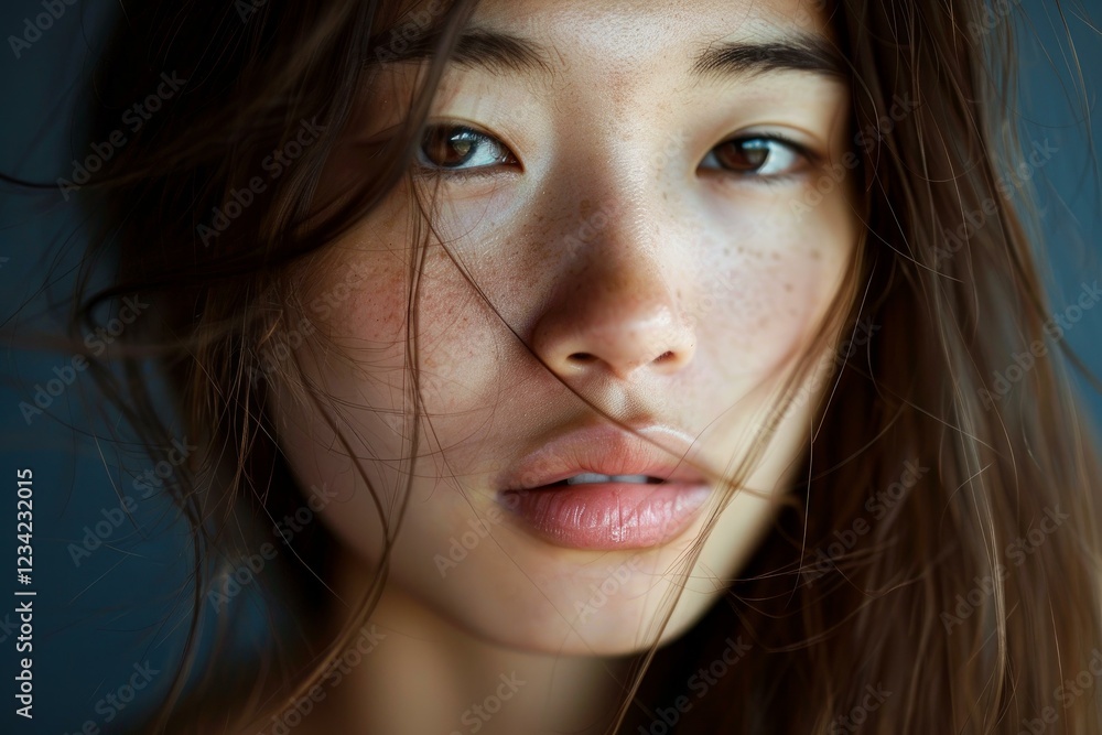 Close up portrait of a beautiful young asian woman with freckles showing her perfect skin Close up portrait of a beautiful young asian woman with freckles showing her perfect skin