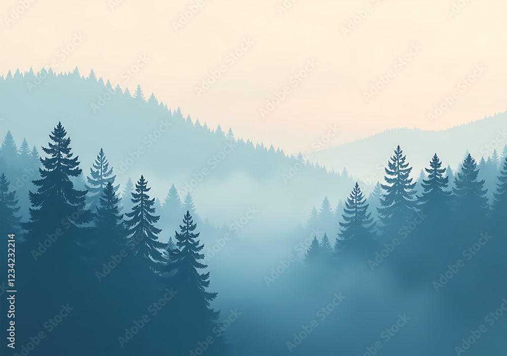 Obraz premium misty trees surrounded fog early morning atmosphere dense