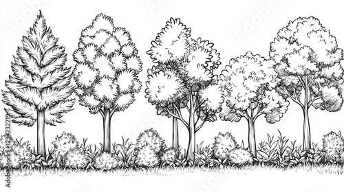 Hand Drawn Trees Forest Nature Sketch Woodland Graphic Illustration Black and White Landscape