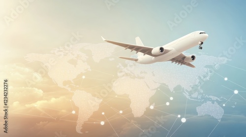 Sleek white airplane flying over glowing world map with travel routes photo