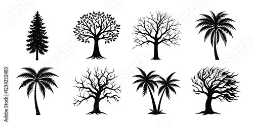 Tree silhouette set. Various trees vector illustration on white background