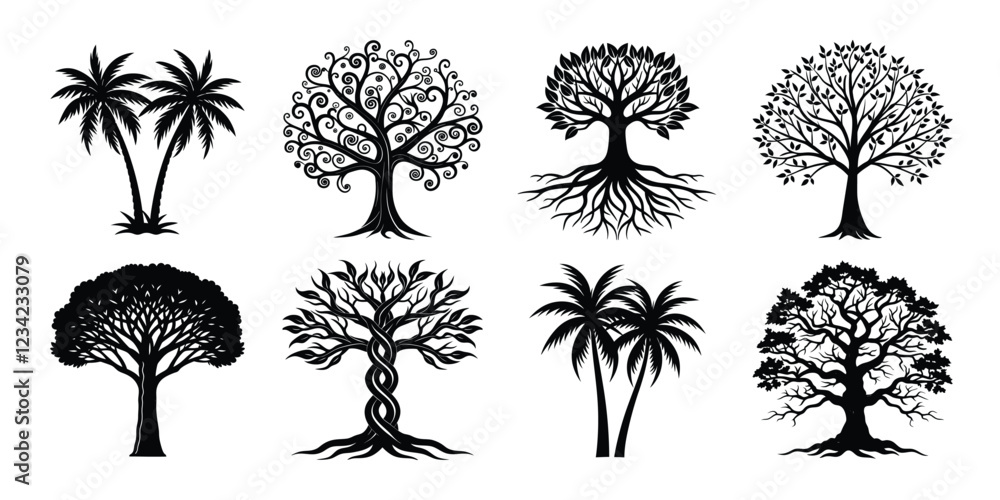 Fototapeta premium Tree silhouette set. Various trees vector illustration on white background