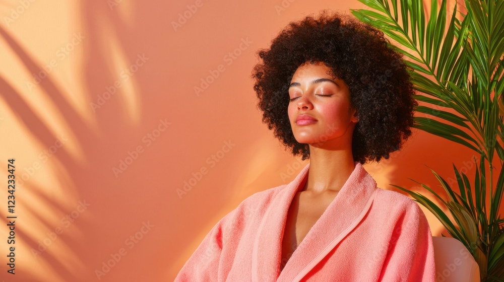 Fototapeta premium Serene young woman with curly hair relaxes in a peach colored bathrobe against a warm coral background. Sunlight casts shadows, creating a peaceful atmosphere. A palm plant adds a tropical touch.