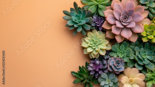 Succulent plants arrangement on pastel colored background. Potted succulent house plants. Flat lay, top view, copy space